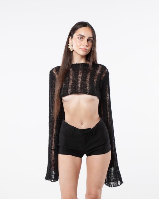 BLACK DISTRESSED SHRUG