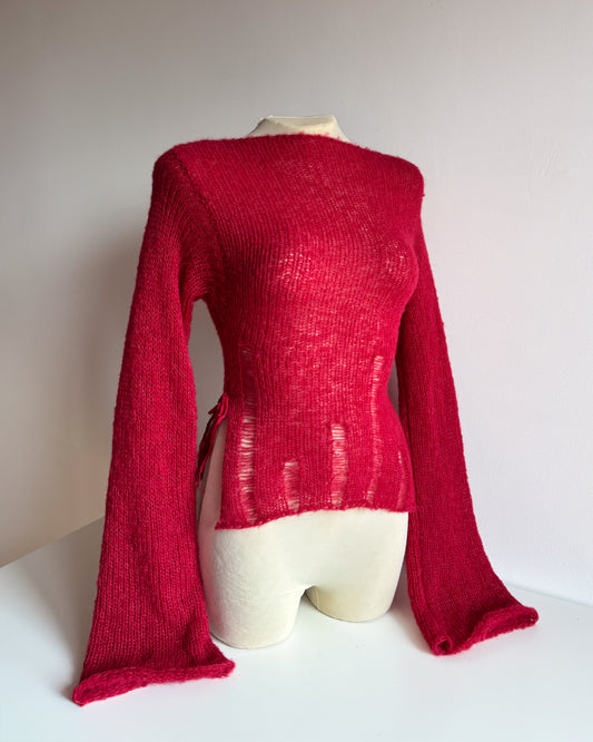 KIMONO SIDE TIE SWEATER - RED